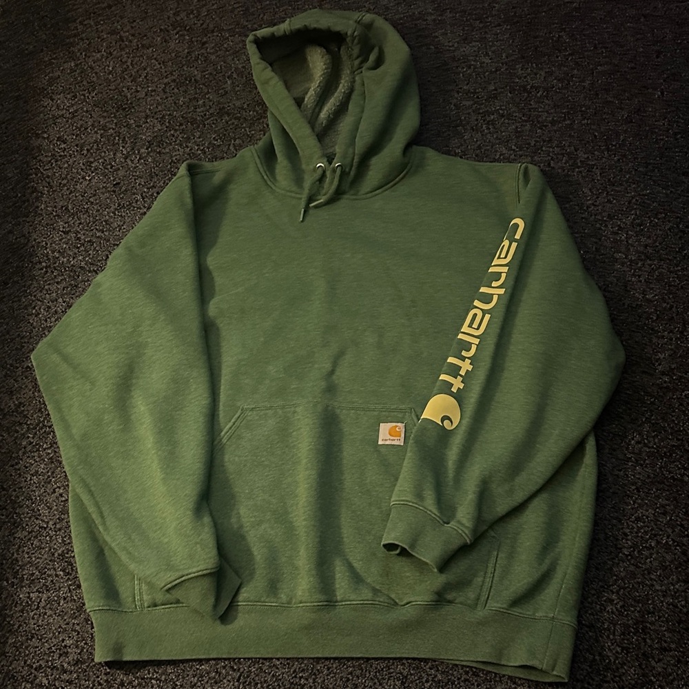 Carhartt Olive Green Hoodie with Yellow Logo